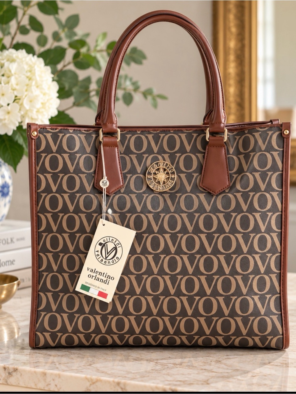 Valentino Orlandi Brown Logo-Print Tote with Gold Emblem